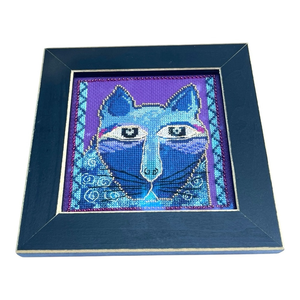 Laurel Burch Coss stitch Wild Blue Cat whimsical Art 3D beading accents 8” x 8”